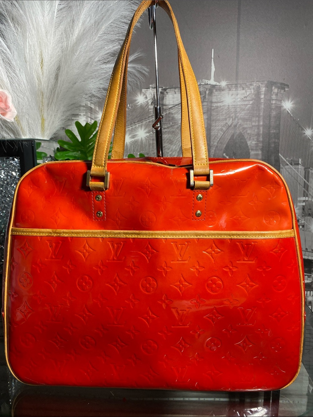 Authentic Louis Vuitton Vernis Red Patent Leather Monogram Sutton Tote  Bag